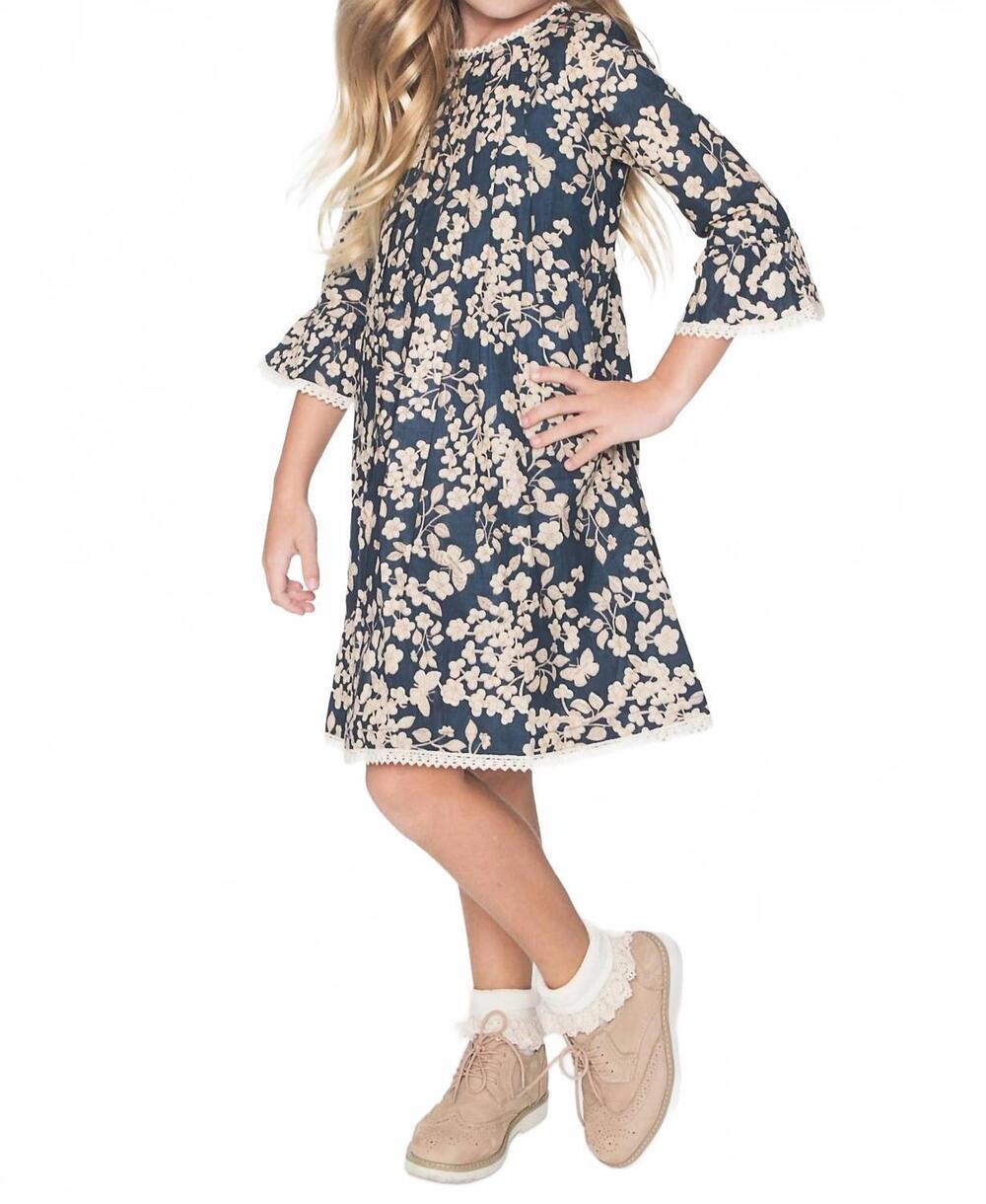 NEW YO BABY girl's cherry blossom inspired box pleat lace detail dress in navy